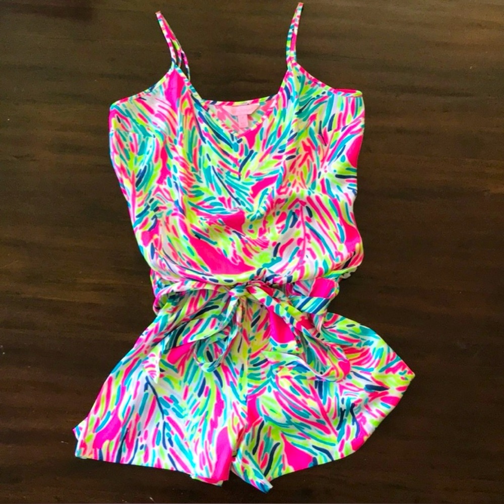 Lilly Pulitzer Neon Abstract Print Spaghetti Strap Romper - Pink, Green, Blue